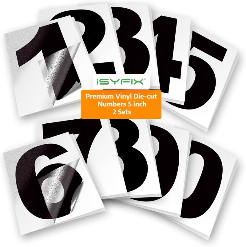 iSYFIX Black Vinyl Numbers Stickers - 5 Inch Self Adhesive 2 Sets - Premium Decal Die Cut and Pre-Spaced for Mailbox, Signs, Window, Door, Cars, Trucks, Home, Business, Address Number, Indoor/Outdoor - Image 1