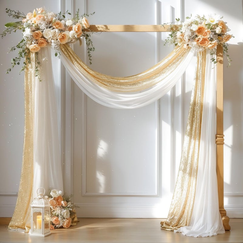 PARTISKY Wedding Arch Draping Fabric 1 Panel 28 x19ft White Arch Drapes  1 Panel 16 x19ft Champagne Sequin Fabric Drapes Arbor Backdrop Curtain for Wedding Arch Ceremony Bridal Shower Reception