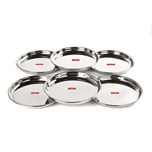 Sumeet Stainless Steel Heavy Gauge Deep Wall Dinner Plates with Mirror Finish 26.6cm Dia - Set of 6pc - Image 1