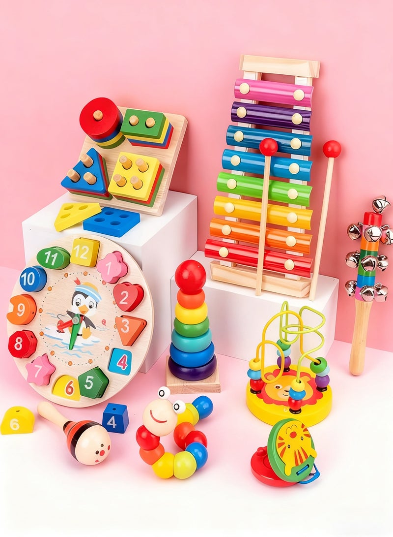 HomKawt Wooden Educational Toys Set of 9, Montessori Toys Wooden Musical Instruments for Kids,Xylophone/ Maracas/ Castanets/ Stacking Toy/Rainbow Stacking Ring/ Bead Maze / Bead Clock for Toddler - Image 1
