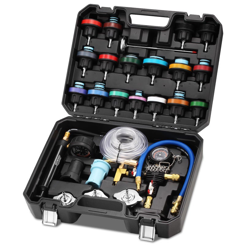 FOUR UNCLES Radiator Coolant Pressure Tester and Vacuum Refill Kit 28Piece Universal Cooling System Leak Tester and Refiller for Cars Motorcycles Trucks Black