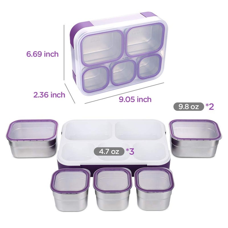 DaCool Stainless Steel Kids Bento Lunch Box Leak Proof BPA-Free School Lunch Container 5-Compartment with Lunch Bag and Fork for Toddler Child Adult, Food Snack Container for Picnic Outdoors,Purple - Image 5