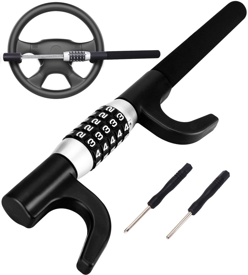 Tevlaphee Steering Wheel Lock, Car Lock Anti Theft Keyless Extendable Retractable Password 5 Coded Combination Lock, Heavy Duty Universal Fit (Black) - Image 1