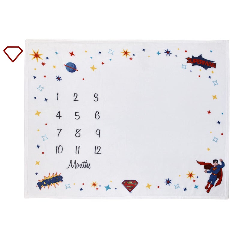 Everything Kids Warner Brothers Superman White and Red Power Icon and Stars Milestone Baby Blanket