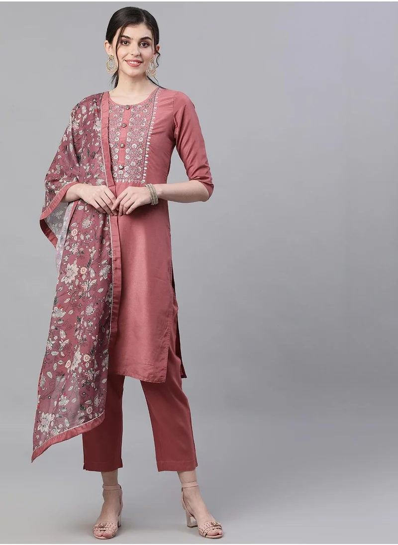 آي شين Regular Fit Three-Quarter Sleeve Printed Mauve Cotton Woven Kurta Set For Women Flat Collar Perfect For Wedding And Engagement Pull On Closure