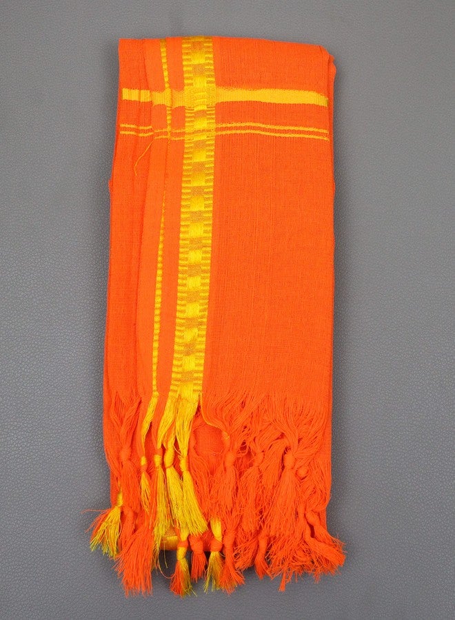 Spillbox Men's Color Border Cotton and Crush Jarigai Angavastram/towel/kasavu Shawl/melmundu/uthareeyam/Traditional Pooja Towel - Small Border (Orange, 1) - Image 4