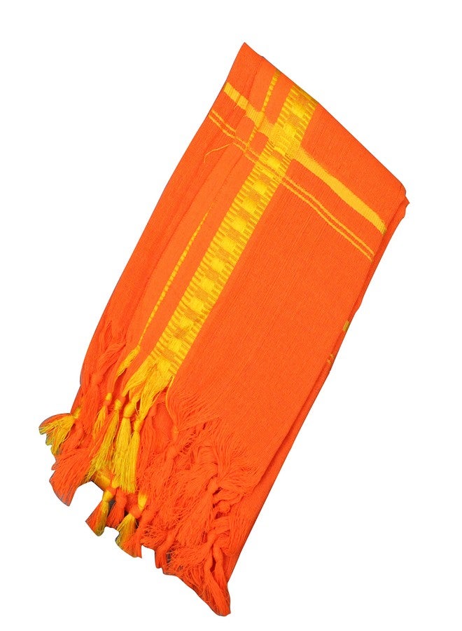 Spillbox Men's Color Border Cotton and Crush Jarigai Angavastram/towel/kasavu Shawl/melmundu/uthareeyam/Traditional Pooja Towel - Small Border (Orange, 1) - Image 1