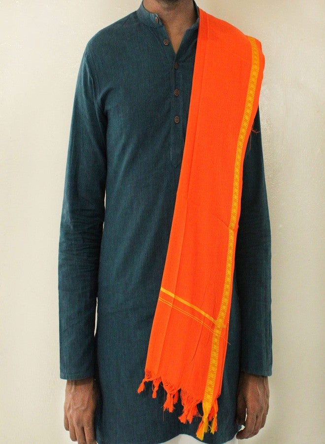 Spillbox Men's Color Border Cotton and Crush Jarigai Angavastram/towel/kasavu Shawl/melmundu/uthareeyam/Traditional Pooja Towel - Small Border (Orange, 1) - Image 2