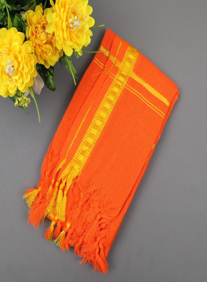 Spillbox Men's Color Border Cotton and Crush Jarigai Angavastram/towel/kasavu Shawl/melmundu/uthareeyam/Traditional Pooja Towel - Small Border (Orange, 1) - Image 3