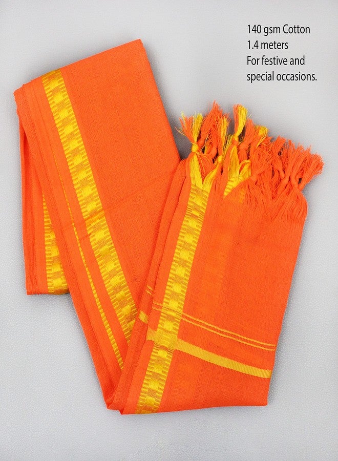Spillbox Men's Color Border Cotton and Crush Jarigai Angavastram/towel/kasavu Shawl/melmundu/uthareeyam/Traditional Pooja Towel - Small Border (Orange, 1) - Image 5