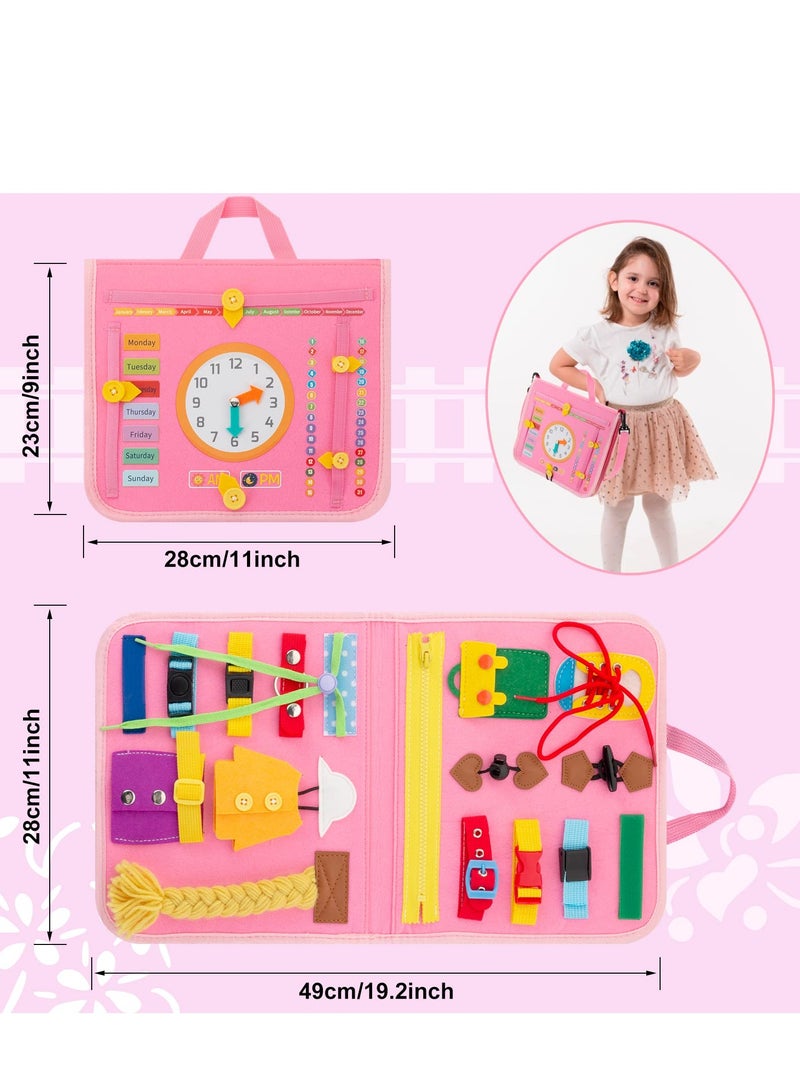 Busy Board, 27 in 1 DIY Portable Felt Dressing Button Learning Board Early Educational Sensory Brain Toys for 1 2 3 4 Years Old Boys Girls Preschoolers(Pink) - Image 5