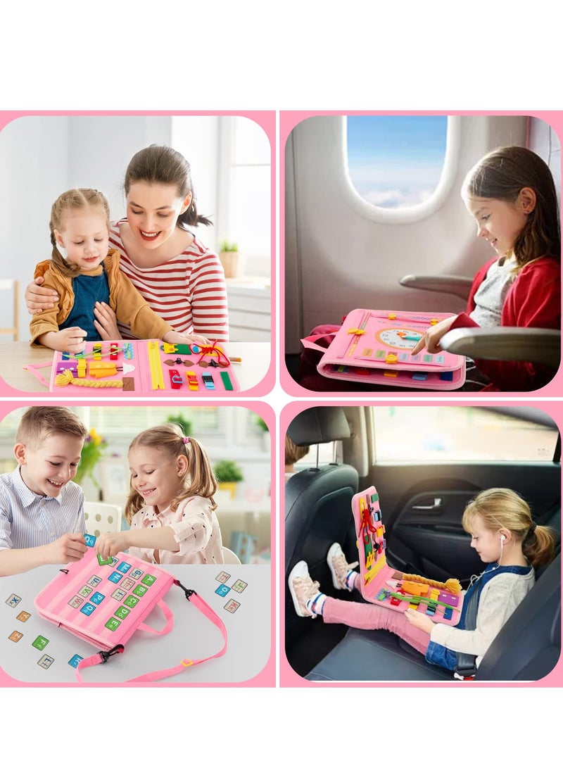 Busy Board, 27 in 1 DIY Portable Felt Dressing Button Learning Board Early Educational Sensory Brain Toys for 1 2 3 4 Years Old Boys Girls Preschoolers(Pink) - Image 4