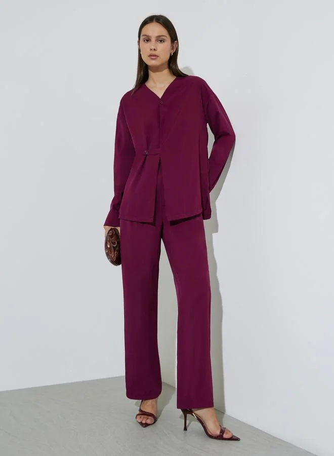 Styli Burgundy Wrap Front Shirt and Trousers Co-ords Set