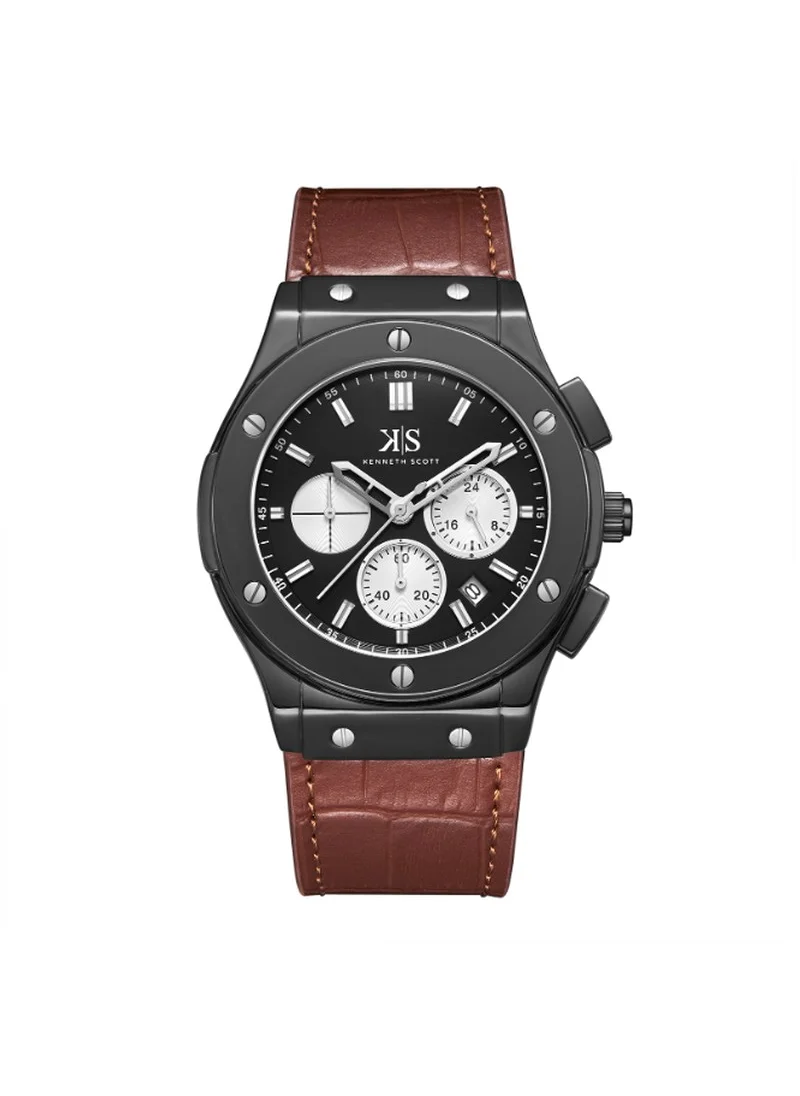 KENNETH SCOTT Kenneth Scott K24115-BLDB Men's Multi Function Display Watch & Leather Strap Brown