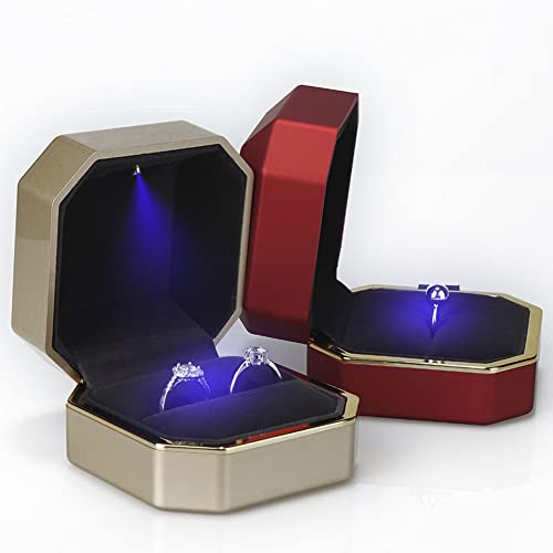 AVESON Luxury Ring Box, Square Velvet Wedding Ring Case Jewelry Gift Box with LED Light for Proposal Engagement Wedding, Gold - Image 3