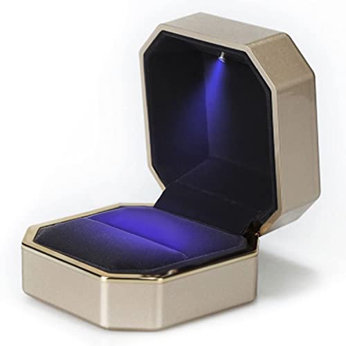 AVESON Luxury Ring Box, Square Velvet Wedding Ring Case Jewelry Gift Box with LED Light for Proposal Engagement Wedding, Gold - Image 1