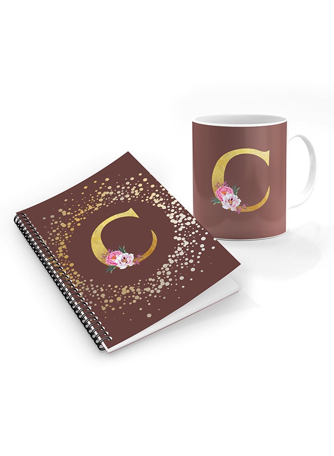Stylizedd Printed Coffee Mug + A5 Spiral Notebook Memo Personalised Combo Gift Set Custom Monogram Initial Letter Floral Pattern Alphabet - C  (Brown )