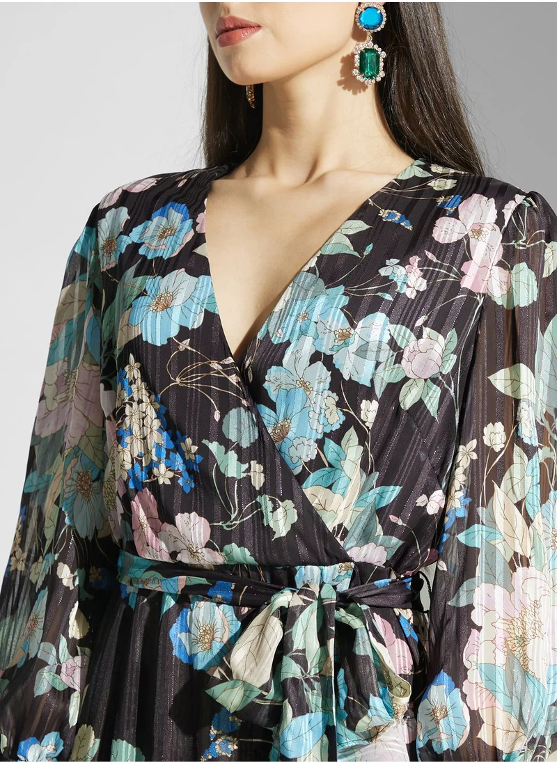 Adrianna Papell Floral Surplice Belted Dress