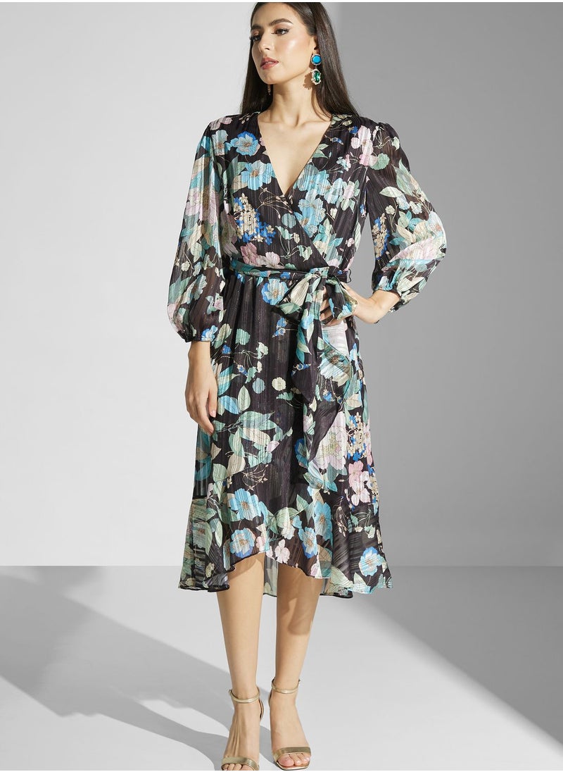 Adrianna Papell - Floral Surplice Belted Dress - Image 1