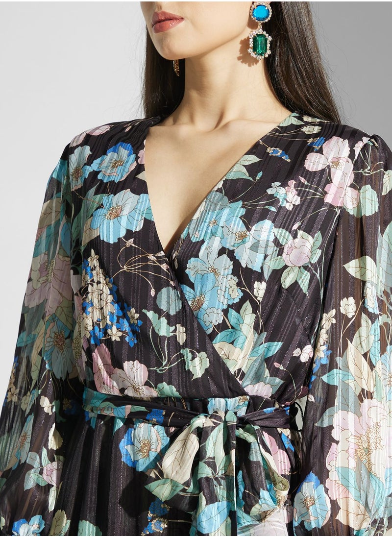 Adrianna Papell - Floral Surplice Belted Dress - Image 1