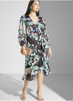 Floral Surplice Belted Dress