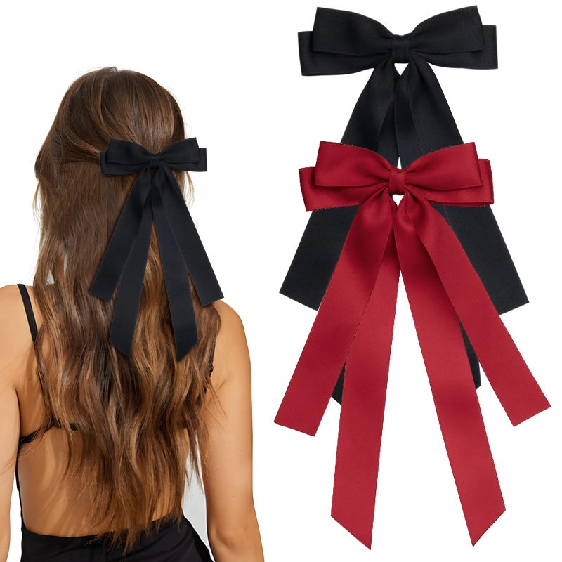 MIKONIKO Bow Hair Clips 2PCS Set for Women and Girls Black White Ribbon Bows for Hair with Long Tail Alligator Clip Black Red - Image 3