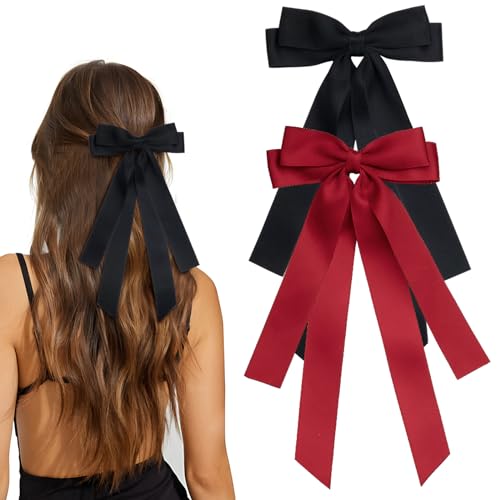 MIKONIKO Bow Hair Clips 2PCS Set for Women and Girls Black White Ribbon Bows for Hair with Long Tail Alligator Clip Black Red - Image 1