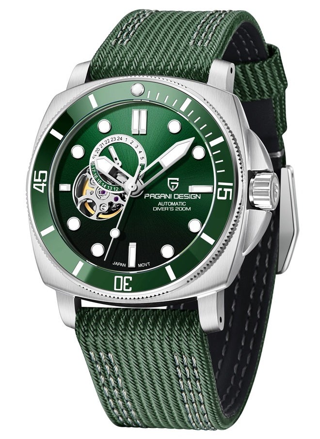 PAGANI DESIGN New Men's Mechanical Automatic Watches, Stainless Steel Frame, Equipped With Sapphire Glass Surface, Imported NH39 Movement, Silver-Green Dial With Green Nylon Strap, Fashionable And Luxurious PD1736  - Image 1