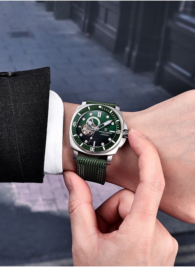 PAGANI DESIGN New Men's Mechanical Automatic Watches, Stainless Steel Frame, Equipped With Sapphire Glass Surface, Imported NH39 Movement, Silver-Green Dial With Green Nylon Strap, Fashionable And Luxurious PD1736  - Image 2