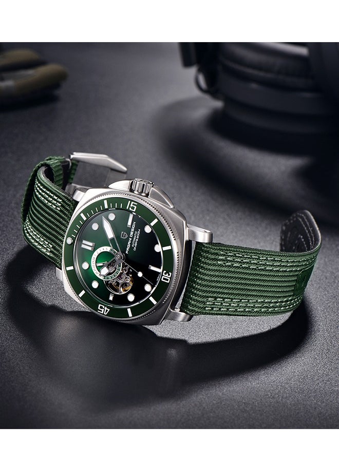 PAGANI DESIGN New Men's Mechanical Automatic Watches, Stainless Steel Frame, Equipped With Sapphire Glass Surface, Imported NH39 Movement, Silver-Green Dial With Green Nylon Strap, Fashionable And Luxurious PD1736  - Image 3