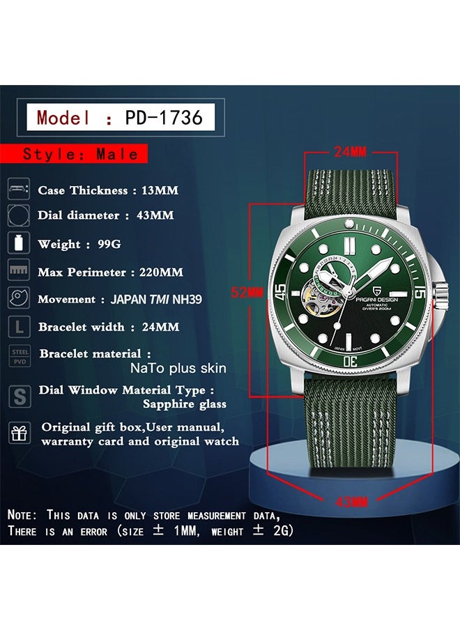 PAGANI DESIGN New Men's Mechanical Automatic Watches, Stainless Steel Frame, Equipped With Sapphire Glass Surface, Imported NH39 Movement, Silver-Green Dial With Green Nylon Strap, Fashionable And Luxurious PD1736  - Image 4