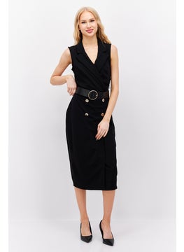 Mohito Women Solid Belted Midi Dress, Black  - Image 1