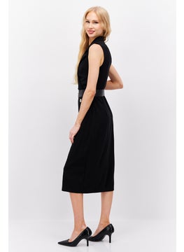 Mohito Women Solid Belted Midi Dress, Black  - Image 2