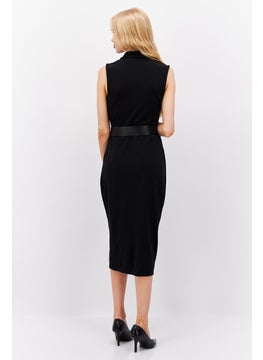 Mohito Women Solid Belted Midi Dress, Black  - Image 3