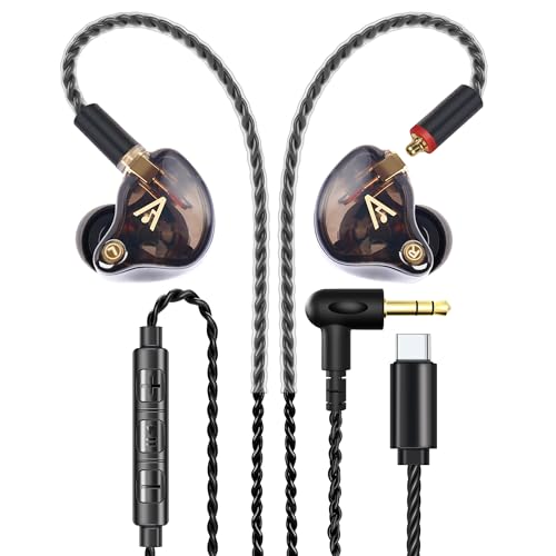 Audiovance Vibes 201MC Wired Earbuds in Ear Headphones with Mic, USB C to 3.5mm Adapter & Braided Cord, Noise Isolating Bass Driven Earphones, Carry Case, Ear Buds Tips, 3.5mm Jack (Clear Brown) - Image 1