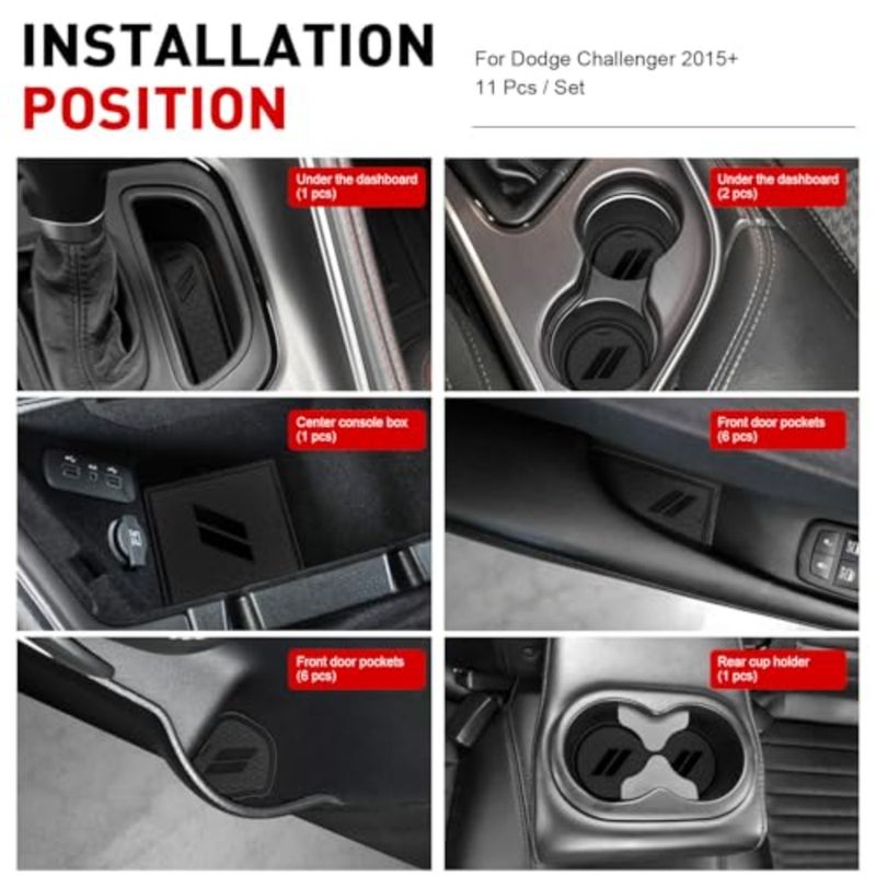 for Dodge Challenger Accessories 2015-2022 Cup Holder Insert Interior Center Console Liner Interior Door Pocket Mat 11-pc Set, Black Trim - Image 3