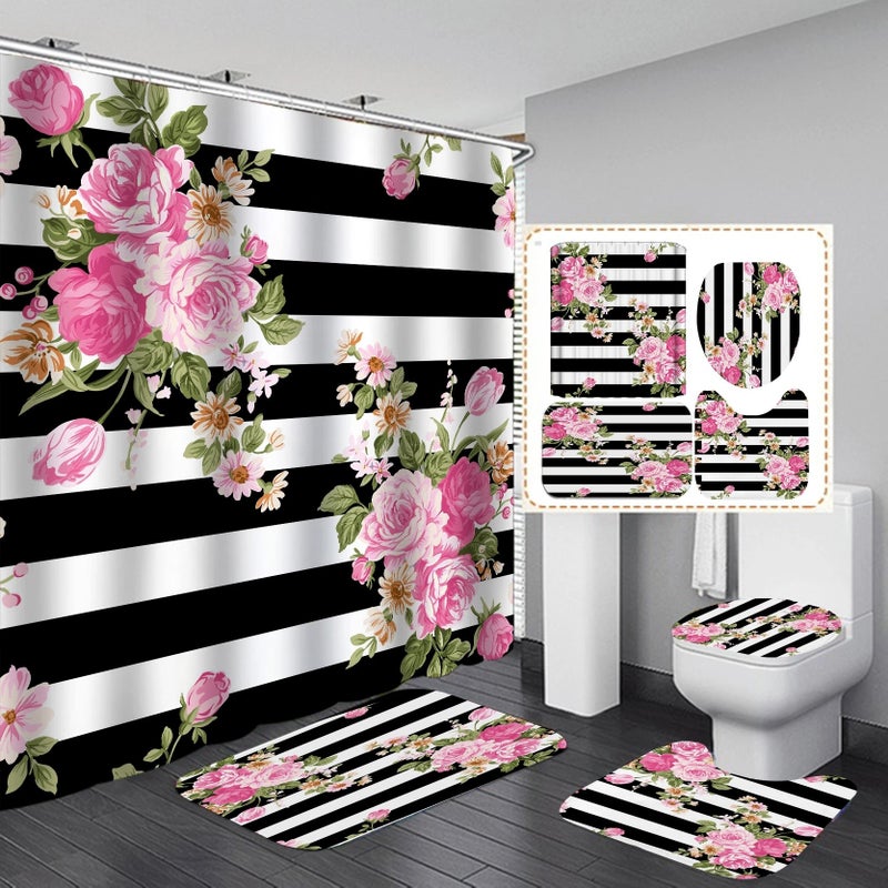 Bluejw Modern Bathroom Shower Curtain Waterproof Home 3D Carpet Entrance Doormat 4Pcs Set Toilet Seat Cover Rug Bath Non-Slip Floor Mat - Image 4