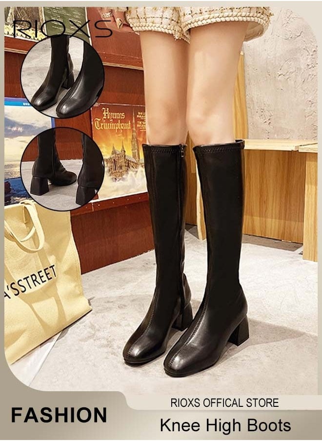 RIOXS Women's Knee High Boots, Fashion Solid Color Chunky Heel Boots For Women, Square Round Toe Tall Boots, Long Boots With Side Zipper, Block Heeled Long Riding Boots For Spring Fall And Winter  - Image 1