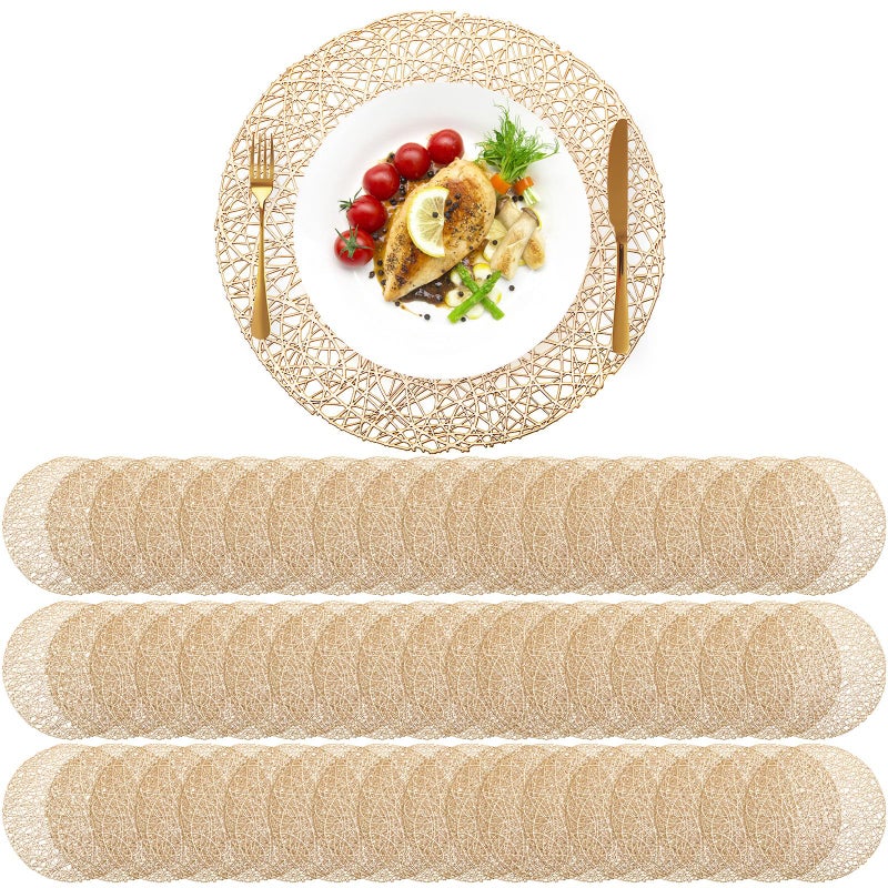 Sieral 60 Packs Gold Round Placemats 15 Inch Hollow Out Pressed Vinyl Place Mats Heat Resistant Woven Gold Placemats for Christmas Dinner Table Winter Holiday Party Wedding Centerpiece Decoration - Image 1