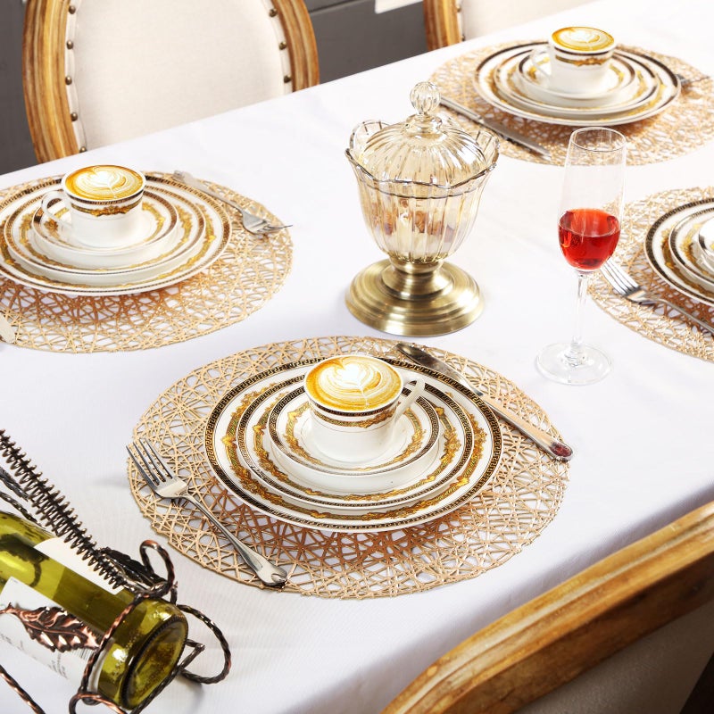 Sieral 60 Packs Gold Round Placemats 15 Inch Hollow Out Pressed Vinyl Place Mats Heat Resistant Woven Gold Placemats for Christmas Dinner Table Winter Holiday Party Wedding Centerpiece Decoration - Image 5