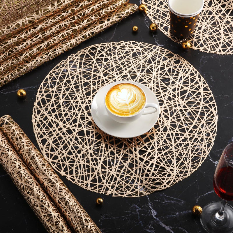 Sieral 60 Packs Gold Round Placemats 15 Inch Hollow Out Pressed Vinyl Place Mats Heat Resistant Woven Gold Placemats for Christmas Dinner Table Winter Holiday Party Wedding Centerpiece Decoration - Image 4