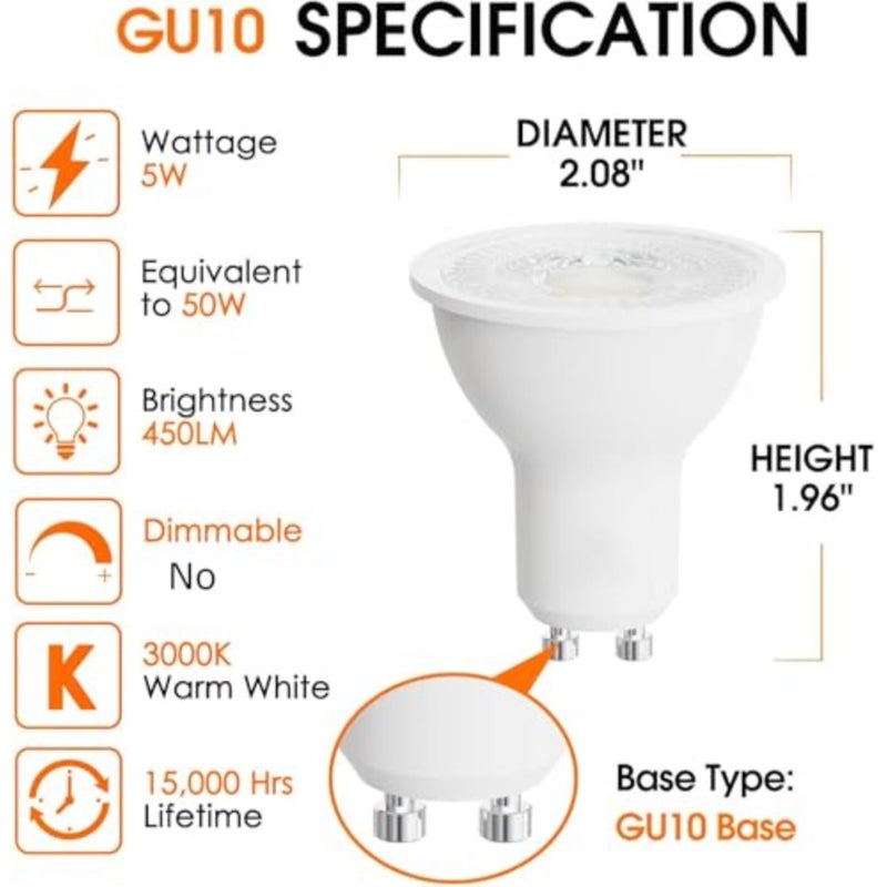 GU10 Base LED Light Bulb, Non-Dimmable 3000K Warm White 50W Halogen Replacement, 5W 12V/24V 450LM CRI 80+, for Landscape, Recessed, Track Lighting, 1 Year Warranty 10 - Image 2