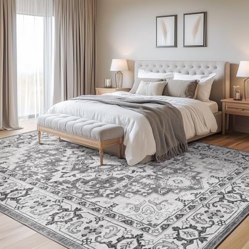 Lofus 8x10 Area Rugs for Living Room, Washable Area Rug, Rugs for Bedroom, Kitchen, Vintage Boho Carpet, Soft Non-Slip, Low Pile Large Area Rug for Office Dining Room, Floral Grey - Image 3