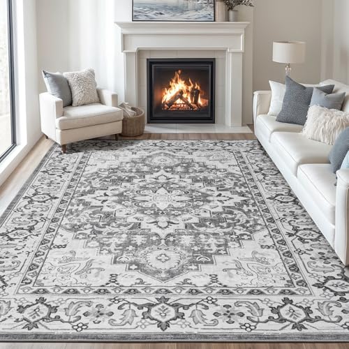 Lofus 8x10 Area Rugs for Living Room, Washable Area Rug, Rugs for Bedroom, Kitchen, Vintage Boho Carpet, Soft Non-Slip, Low Pile Large Area Rug for Office Dining Room, Floral Grey - Image 1