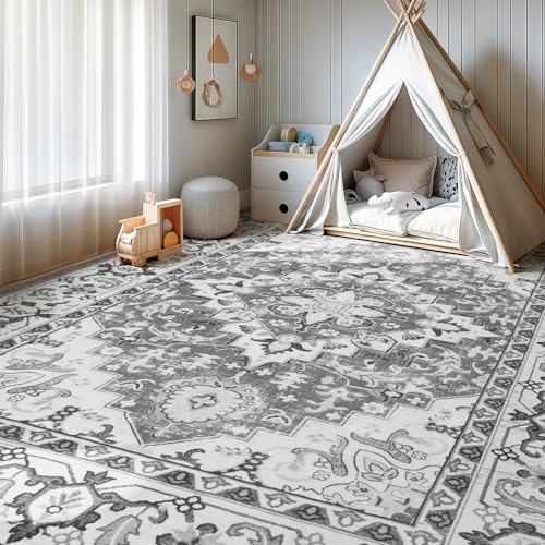 Lofus 8x10 Area Rugs for Living Room, Washable Area Rug, Rugs for Bedroom, Kitchen, Vintage Boho Carpet, Soft Non-Slip, Low Pile Large Area Rug for Office Dining Room, Floral Grey - Image 4