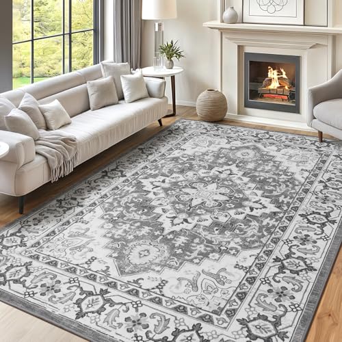 Lofus 8x10 Area Rugs for Living Room, Washable Area Rug, Rugs for Bedroom, Kitchen, Vintage Boho Carpet, Soft Non-Slip, Low Pile Large Area Rug for Office Dining Room, Floral Grey - Image 2