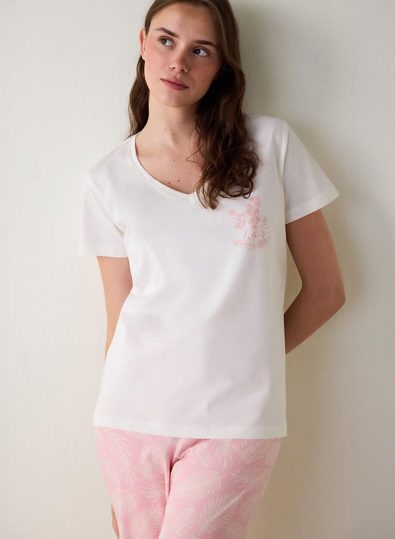 Penti Mix Pink Floral Pattern Cotton V Neck Short Sleeve Pyjamas Set Pajama Set - Image 2