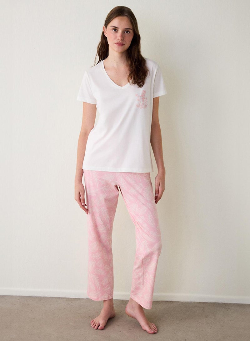 Penti Mix Pink Floral Pattern Cotton V Neck Short Sleeve Pyjamas Set Pajama Set - Image 1