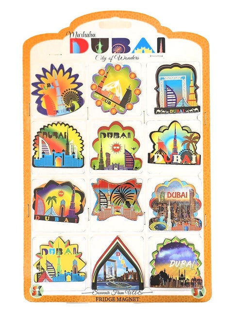 Set of 12 foil magnets featuring multiple patterns and vibrant Dubai Iconic Building —perfect as souvenirs, gifts, or home décor.