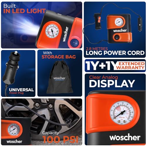 Woscher AirLite Tyre Inflator for Car and Bike, Air Pump for Car Tyre, 110 PSI Car Tyre Inflator Pump, Portable 12V DC Kit with Analog Gauge, LED Light & 2 Year Warranty - Image 2
